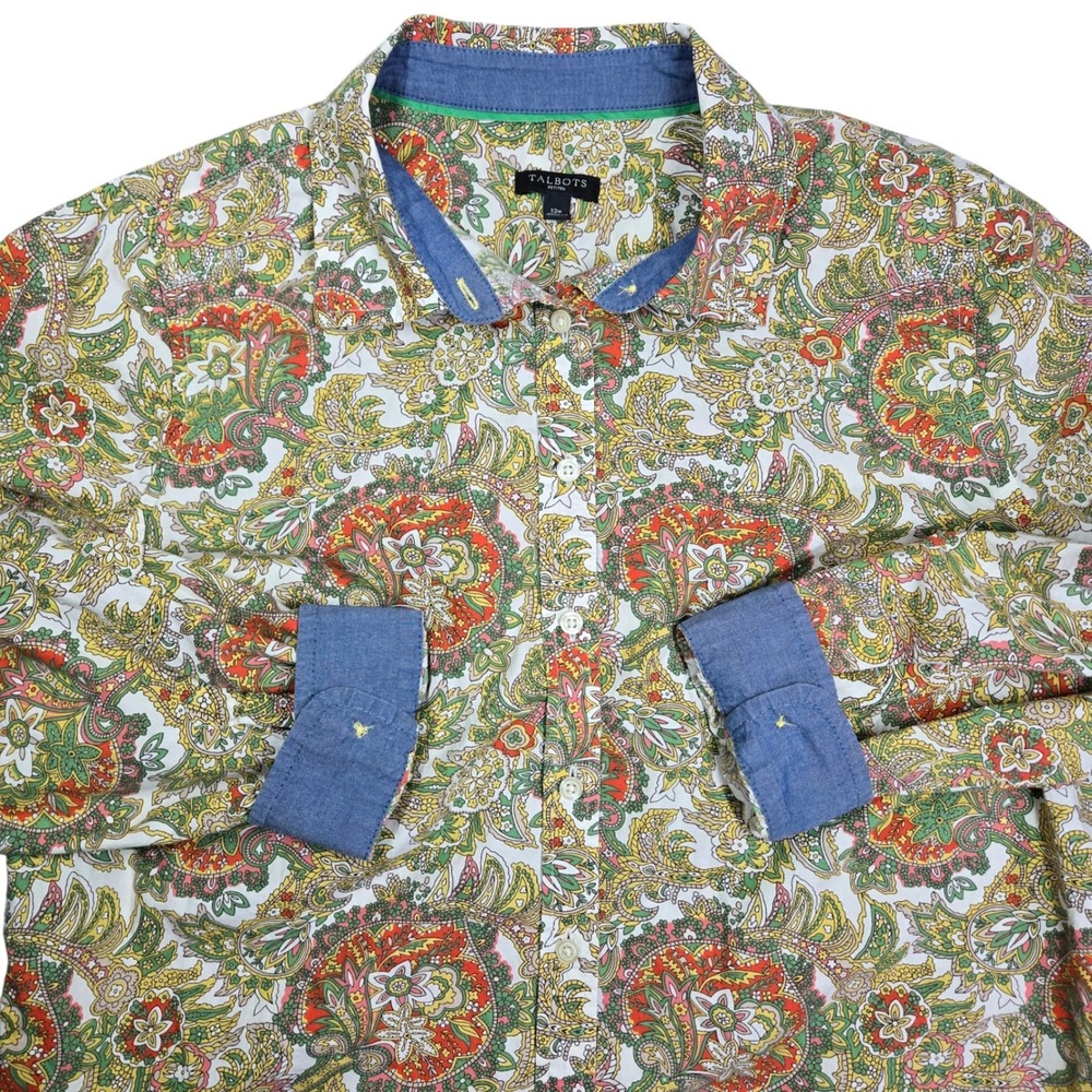 Talbots Petites Paisley Button Down Shirt Womens 12P Multicolor Roll Tab‎ Sleeve - Picture 7 of 10